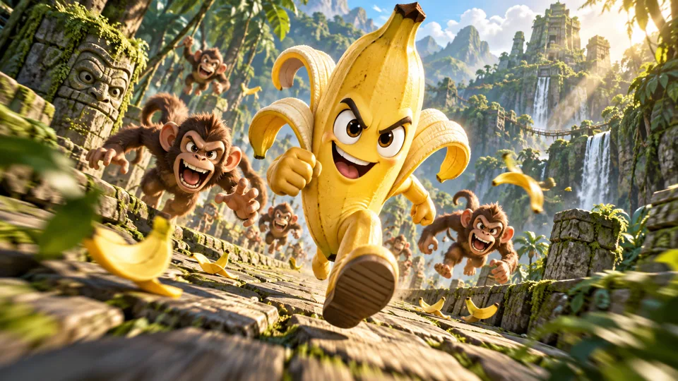 A banana hero racing through a jungle with monkeys in pursuit