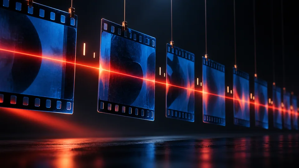 Cobalt film frames crossed by a red rhythmic light