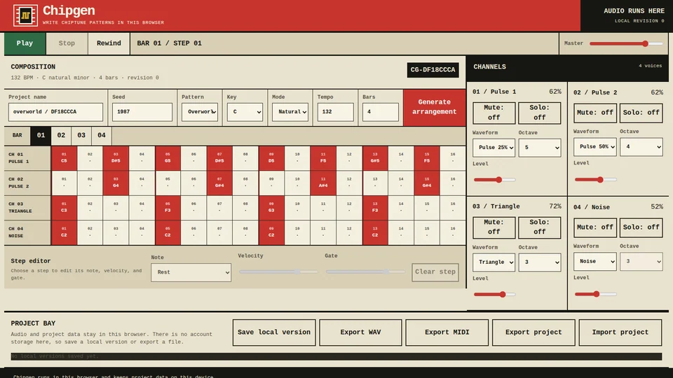 Chipgen's playable four-channel music pattern