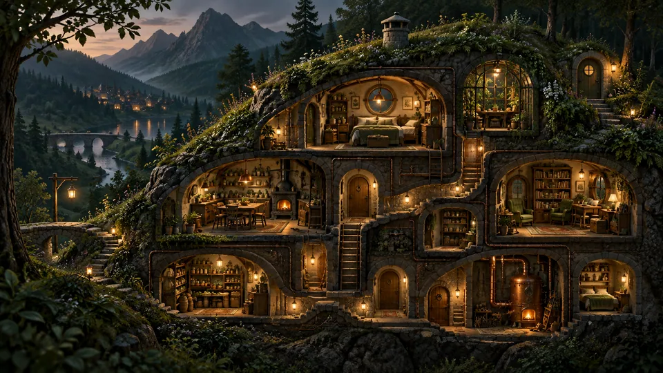 Warmly lit connected rooms in an iron and stone warren
