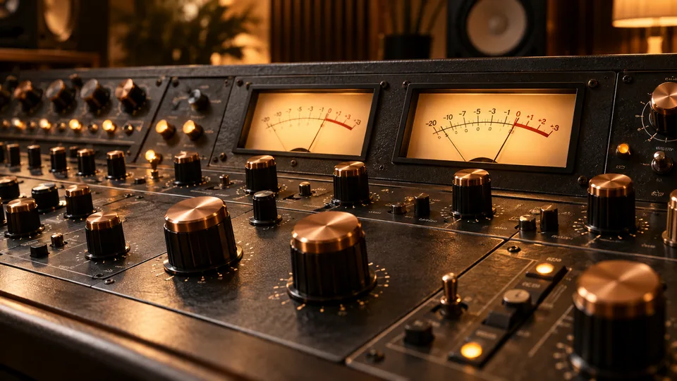Copper controls and stereo meters on an audio mastering desk