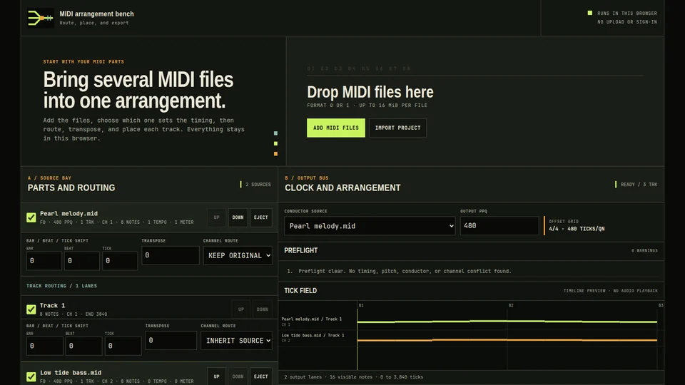 MIDI Merger with two sample music tracks loaded locally
