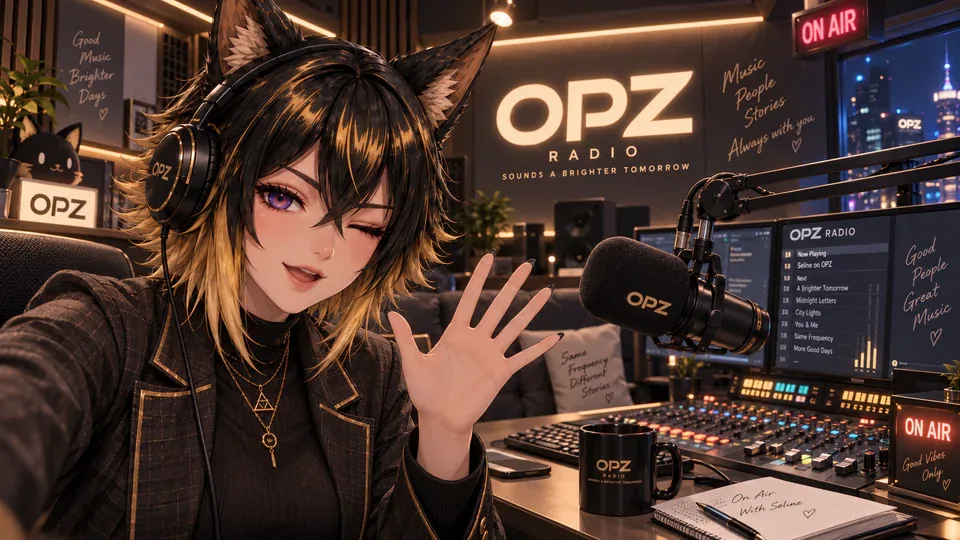 Seline in the OPZ radio booth at night