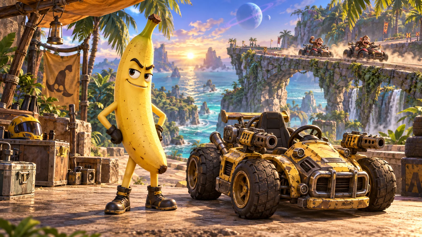 A whole banana racer stands beside a yellow combat kart at a tropical coastal pit lane, while monkey rivals race across a stone bridge