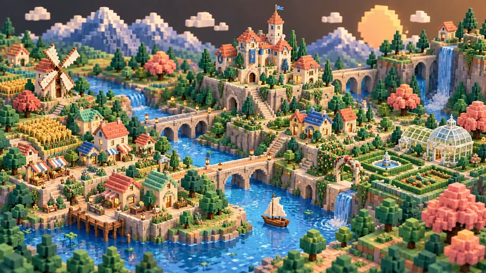 A colorful pixel-built miniature town and river