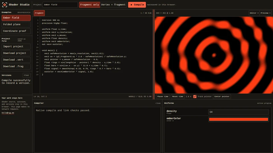 Shader Studio showing source code and a live orange shader preview