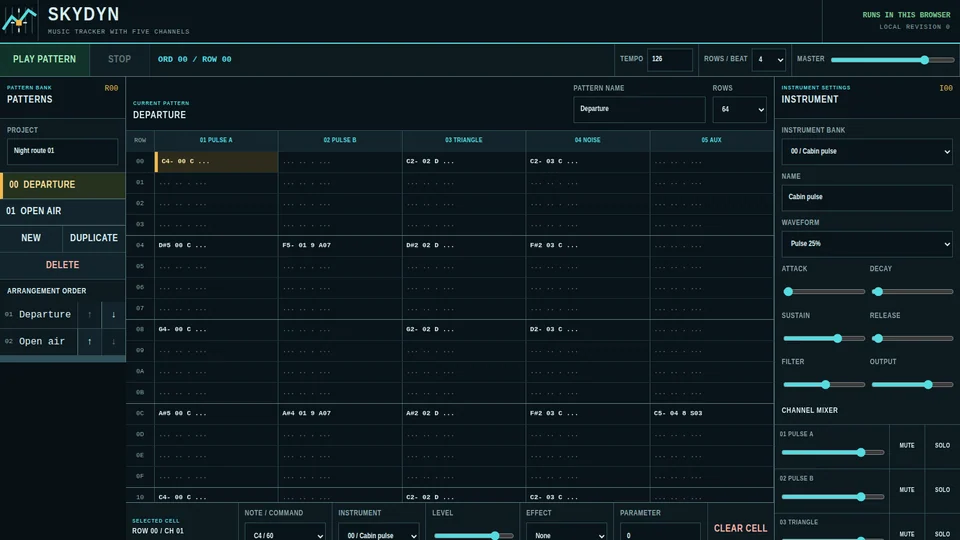 SkyDyn's five-channel music tracker with the Departure pattern