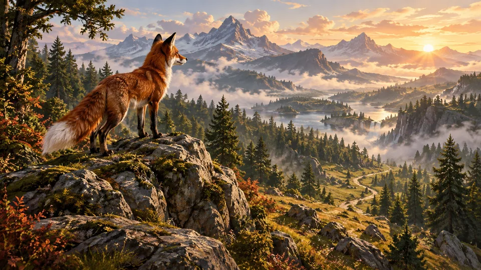 A fox looking across a woodland trail at dawn
