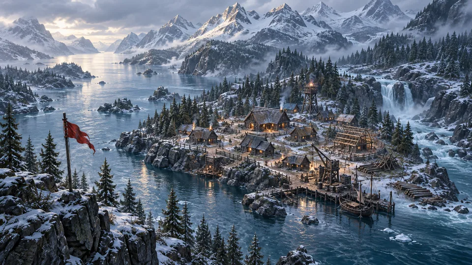 A northern timber settlement beneath snowy mountains